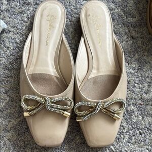 Cream Mules with Rhinestone Bow and Square Toe